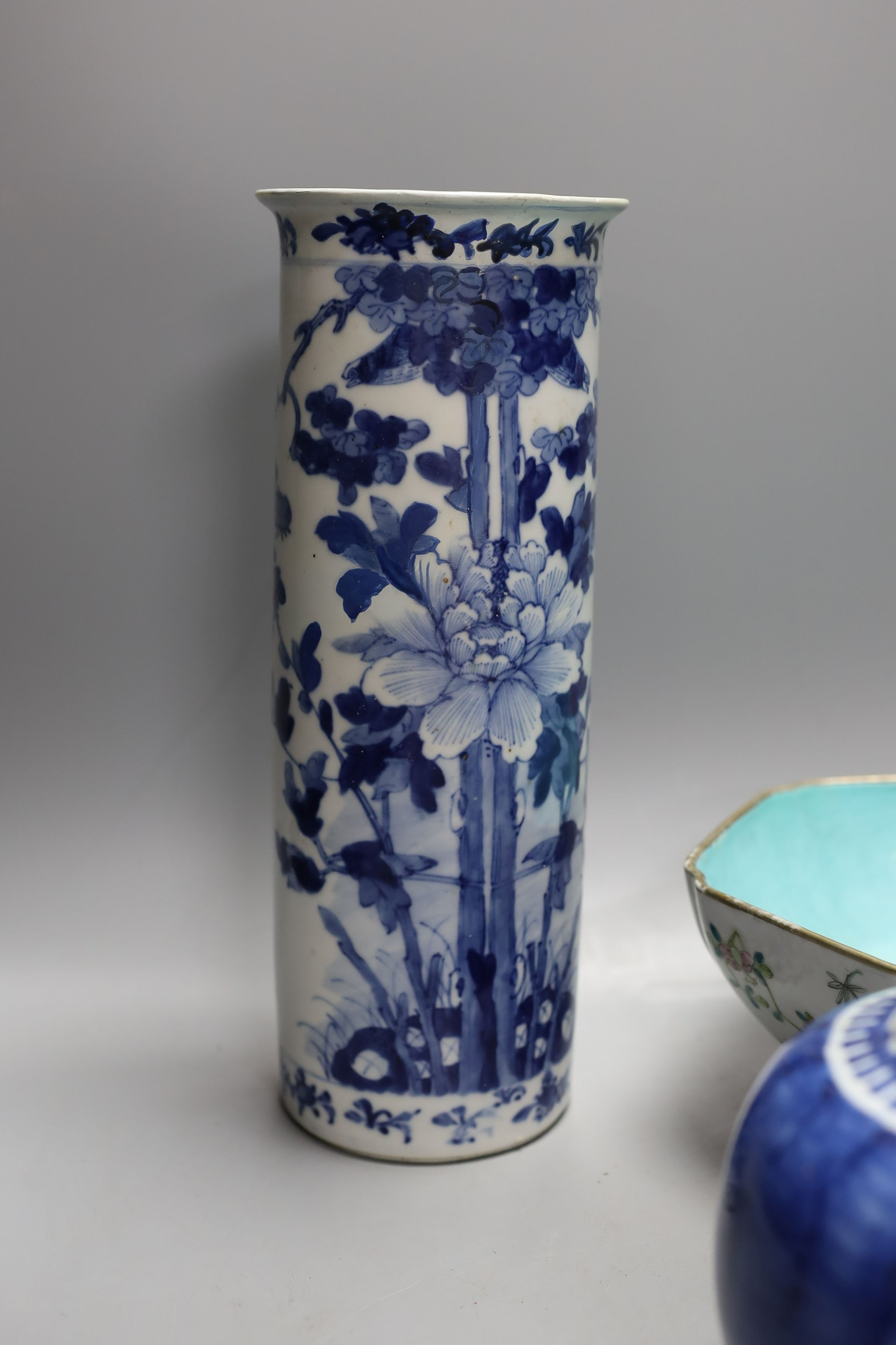 19th century Chinese ceramics, to include a jar, vase and hexagonal famille rose bowl - tallest 29.5cm
